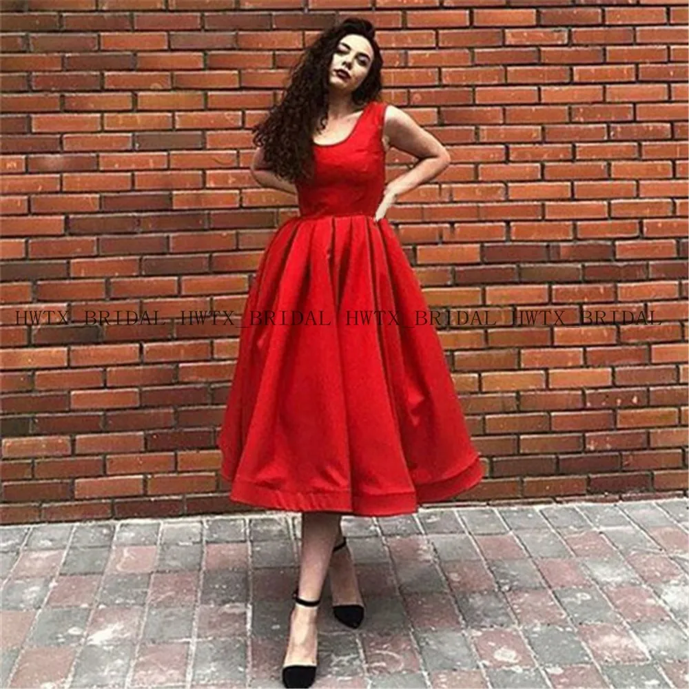 

Red Satin Short Prom Dresses 2019 Plus Size Elegant A-Line Sleeveless Keen Length Formal Party Evening Gown Custom Made Cheap