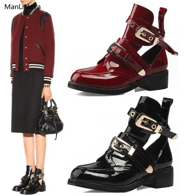 

Genuine Leather Street Snap Brand Design Women Ankle Boots Metal Buckle Belt Female Shoes Black Claret Round Toe Women Boots