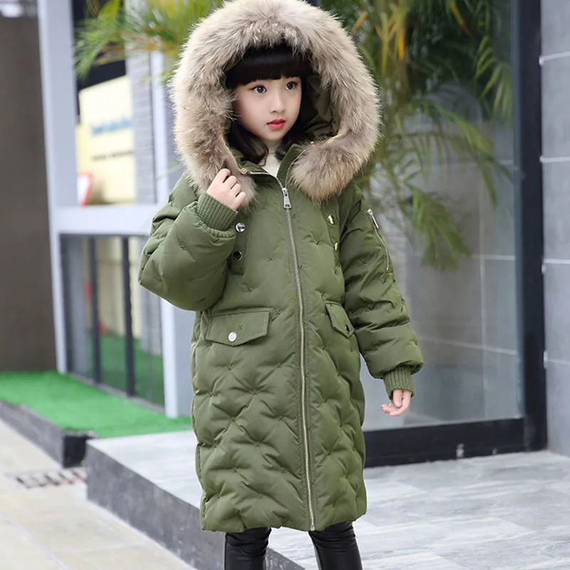 

fur hooded x-long duck down coat for kids winter thick warm little teenage boys girls coats and jackets clothes red green black