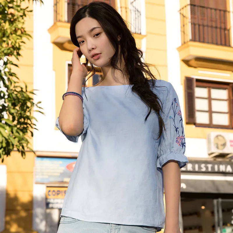 Inman Summer 2018 Woman Cotton Blouse Lotus Leaf Short Sleeve Tops Causal Embroidery Fresh Pink Woman Blouse