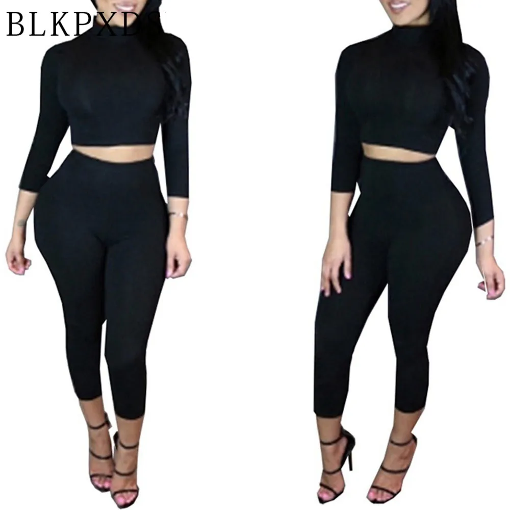 New Fashion Summer Women 2 pcs Top and Pants Sets Long Sleeve Bodycon Knitted Set Outfits