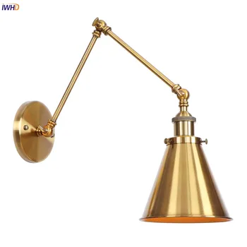 IWHD Antique Vintage Gold LED Wall Lamp Beside Hallway Stair Loft Industrial Decor Swing Long Arm Wall Light Fixtures Wandlamp iwhd style loft industrial wall lamp vintage adjustable swing long arm wall light fixtures glass ball lampshade