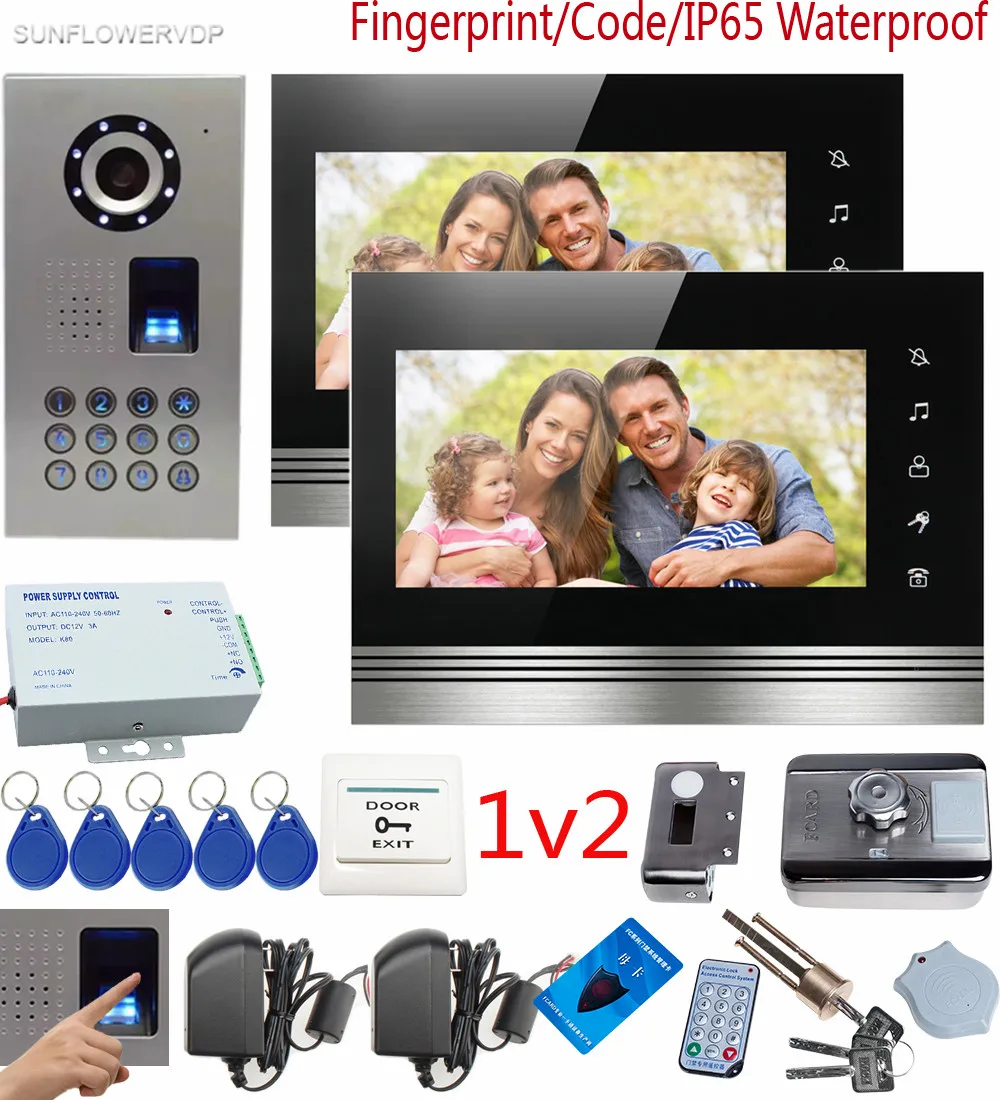 

SUNFLOWERVDP Fingerprint Video Intercom Rfid Outdoor Lock Video Door Phone Touch Key 7" Color Indoor Monitor Smart Door Bell 1v2
