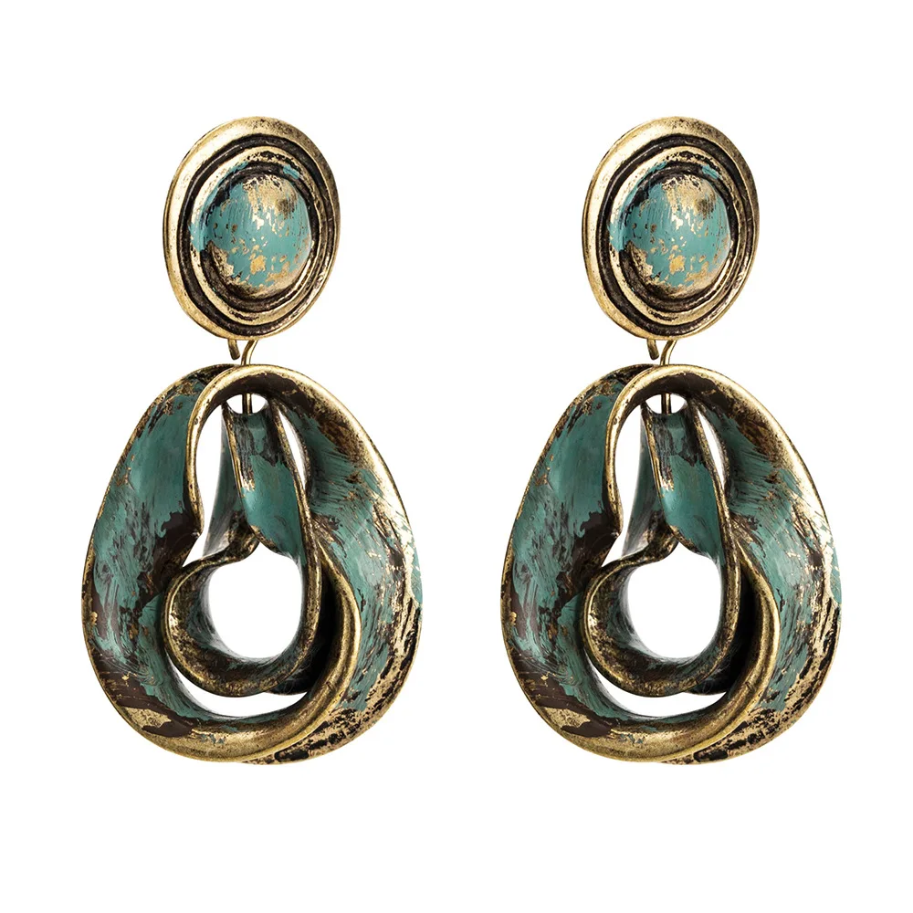

PPG&PGG Brand ZA New Vintage Green Copper Metal Drop Earrings Fashion Bohemian Ethnic Statement Earrings For Women Jewelry Gift