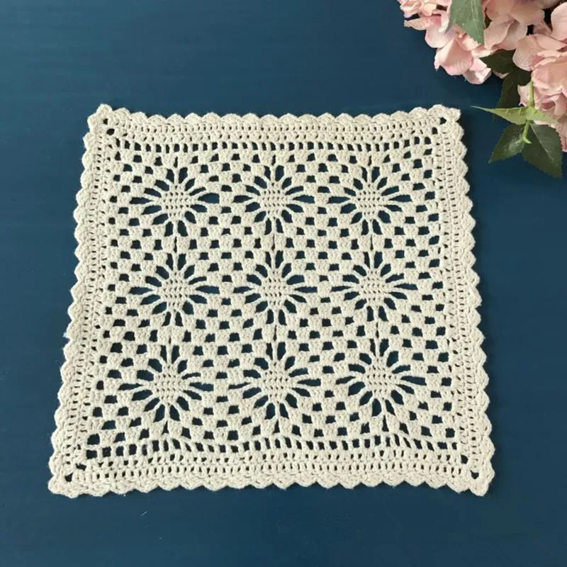 4 Pcs/lot 25 cm Beige Square Placemats Hand Crochet Hook Cost Hollow
