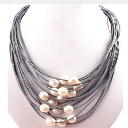 

Women Gift Freshwater Jewelry Natural 10-12mm Natural Oval Freshwater Pearl Gem Stone Handwork 15 Row Leather Fashion Necklace