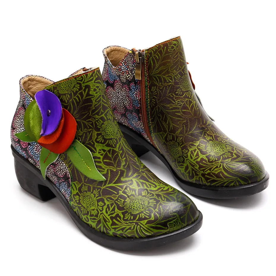 Mixed Color Print Genuine Leather Boots Women Shoes Handmade Flower Zipper Ankle Boots Spring Autumn Vintage Floral Female Botas (9)
