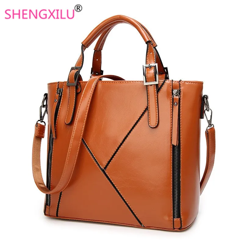 Shengxilu Split Leather Women Handbags Fashion Girls Patchwork Tote