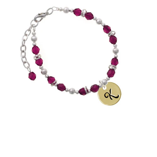 Goldtone Large Disc Letter - K - 3/4'' Magenta Beaded Bracelet