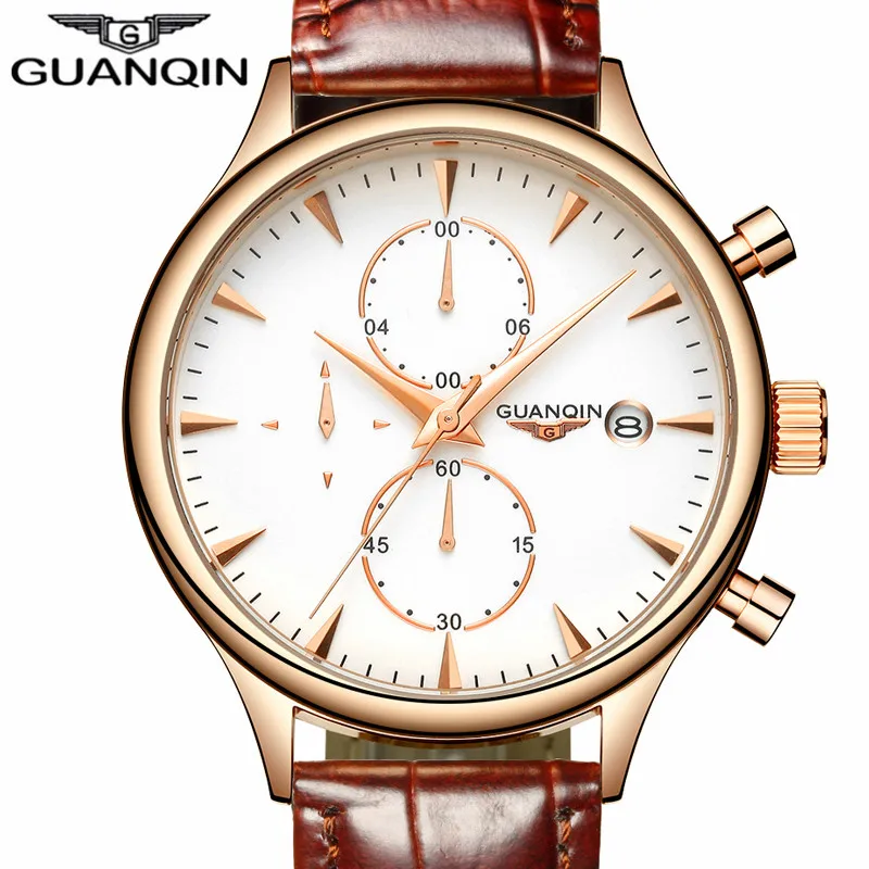 Relogio Masculino GUANQIN Mens Watches Top Brand Luxury Fashion Chronograph Date Quartz Watch Men Sport Leather Strap Wristwatch