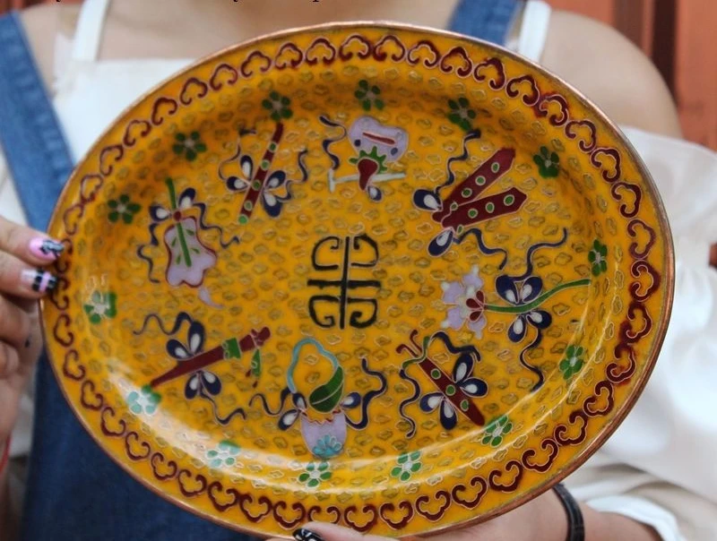 Старый китайский Бронзовый перегородчатой эмали Благоприятный Восемь Сокровища тарелка блюдо лоток 0217