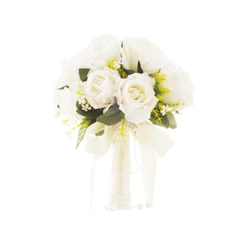 

Bride Wedding Bouquet Rose Bridal Bouquet Satin Ribbon Wedding Photography Prop Artificial Flowers for Wedding Party (White)