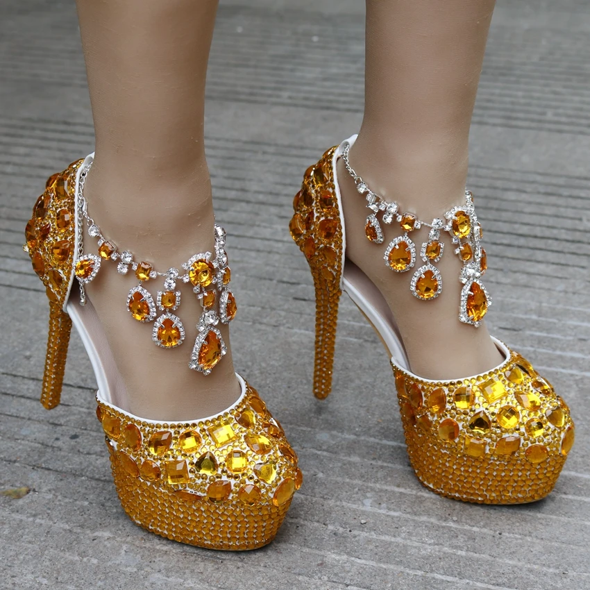 Женские свадебные туфли на высоком каблуке с кристаллами; женские свадебные туфли на платформе с золотыми блестками и стразами; босоножки на тонком каблуке