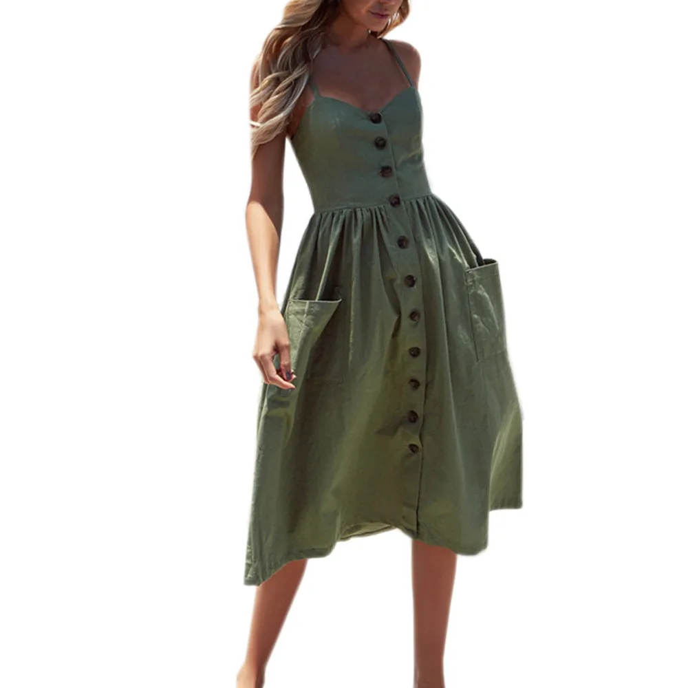 

Women Dress Summer Sexy Buttons Solid Off Shoulder Sleeveless Dress Princess 118