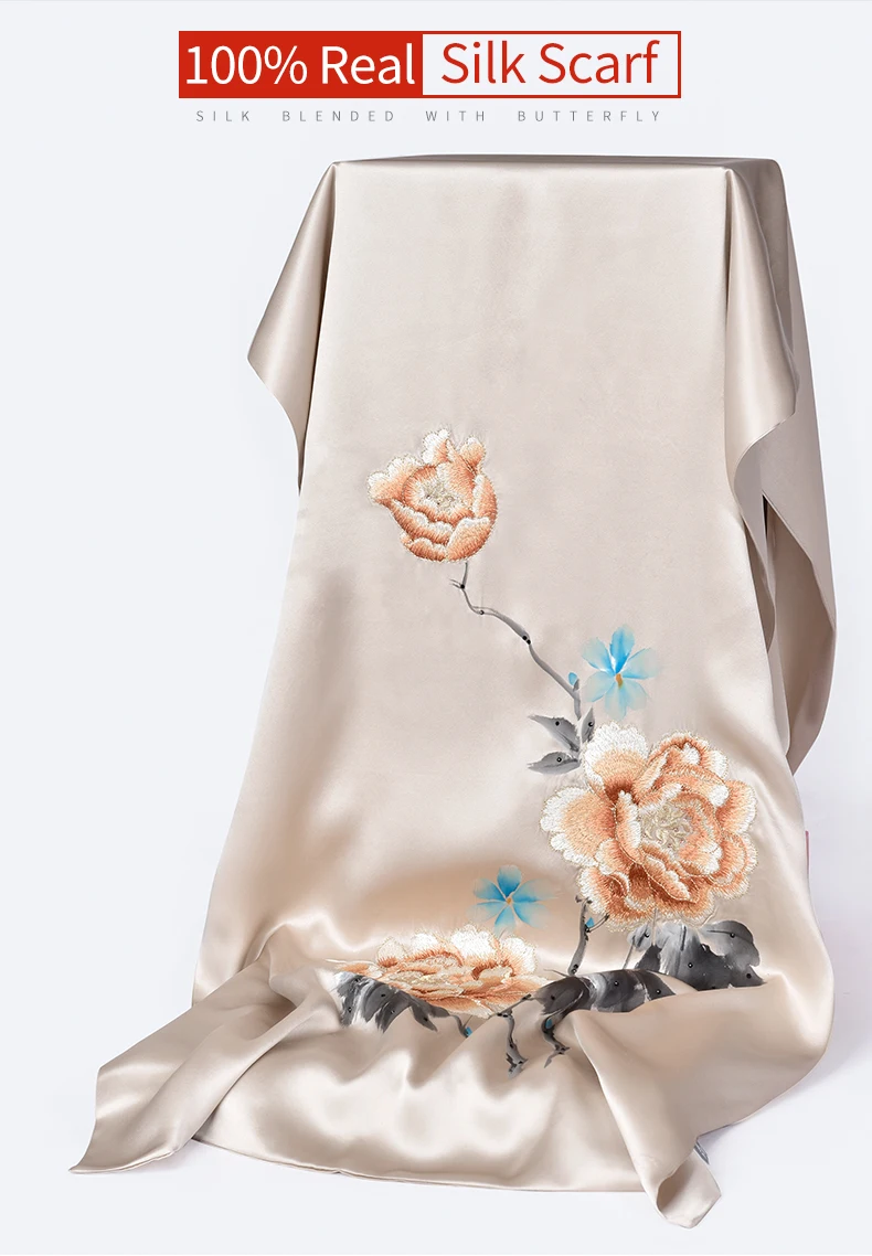 Двойной 100% натуральный шелковый шарф для женщин цветок ручной вышитые шали обертывания 2019 натуральный шелк шарфы Роскошный фуляр Лето