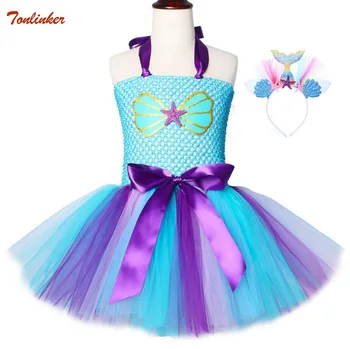 

Party Kids Baby Girl Dress Mermaid Tulle Tutu Ball Gown Outfits With Headband Girls Princess Cosplay Halloween Costumes 2-10 Yr