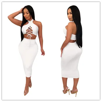 

Solid Halter Lace Up High Waist Crop Top And Bodycon Skirt Sexy Elegant Women sets Dress Suits Matching Sets Summer Clothes 2019