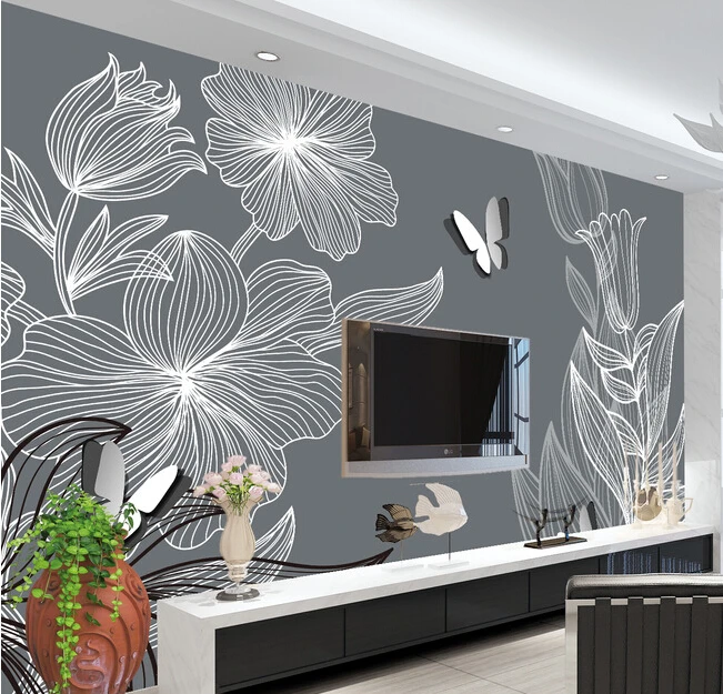 Personalizado 3D grande mural, desenhado À Mão flores