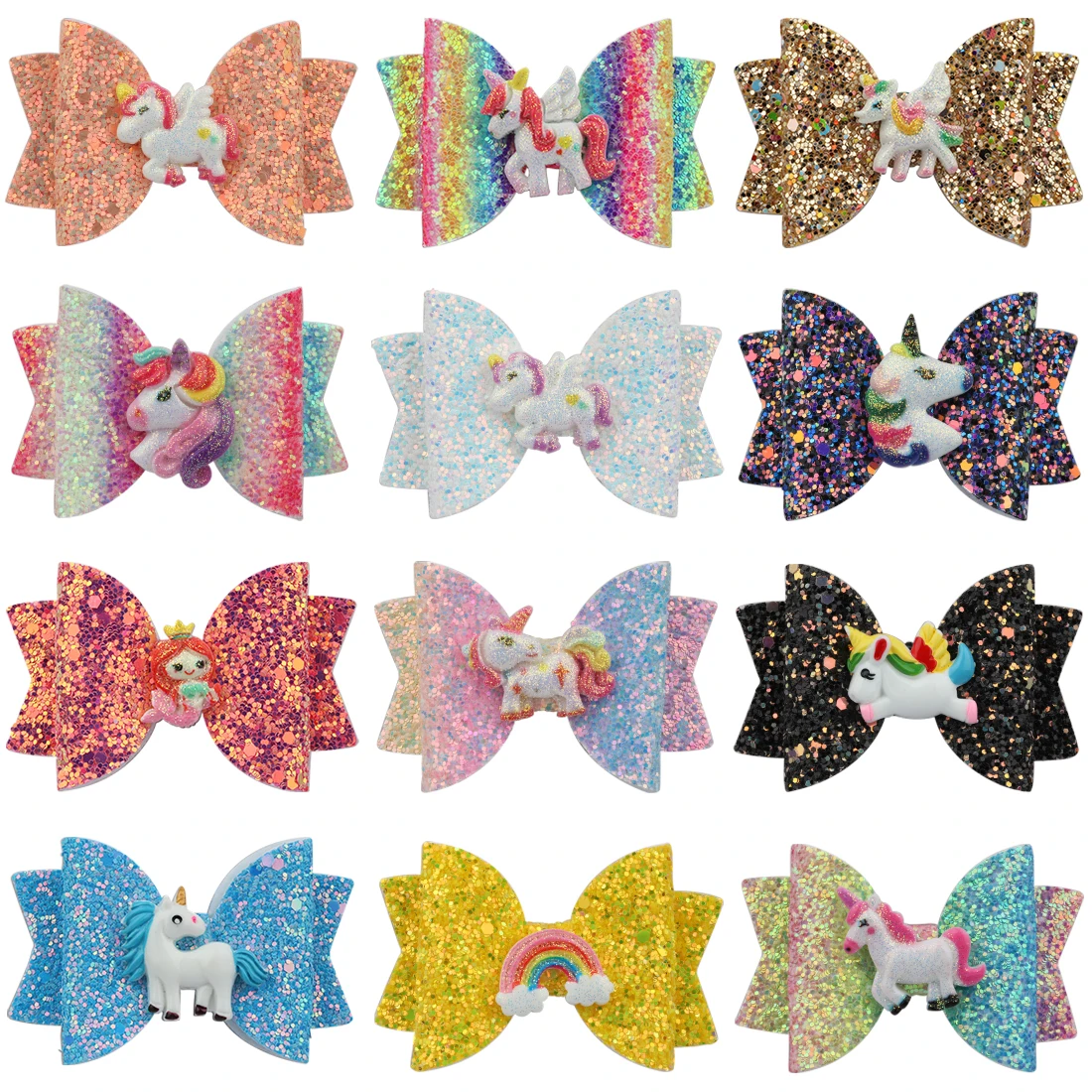 

12pcs/set Girls Glitter Hair Bows Sequins Hairpins Kid Barrettes Unicorn Clips 3 Inch Bow Shinning Hairgrips Children Headwear