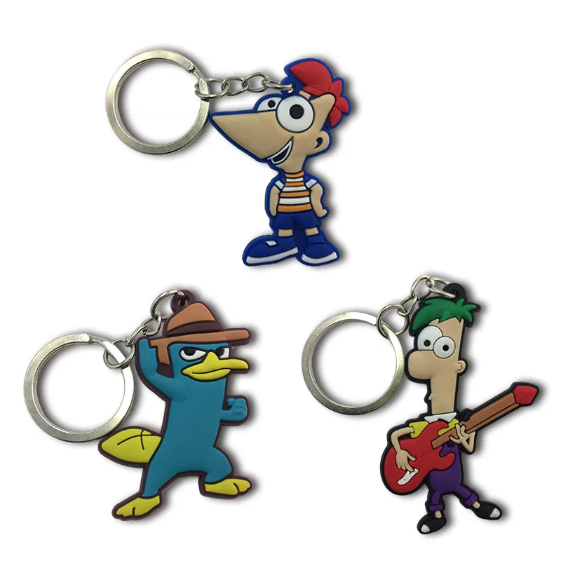 

1-3PCS/Lot Phineas and Ferb Cartoon PVC Charm+Keychain Keyrings Kids Gift Party Favors Key Covers Bag Straps Accessories Jewelry
