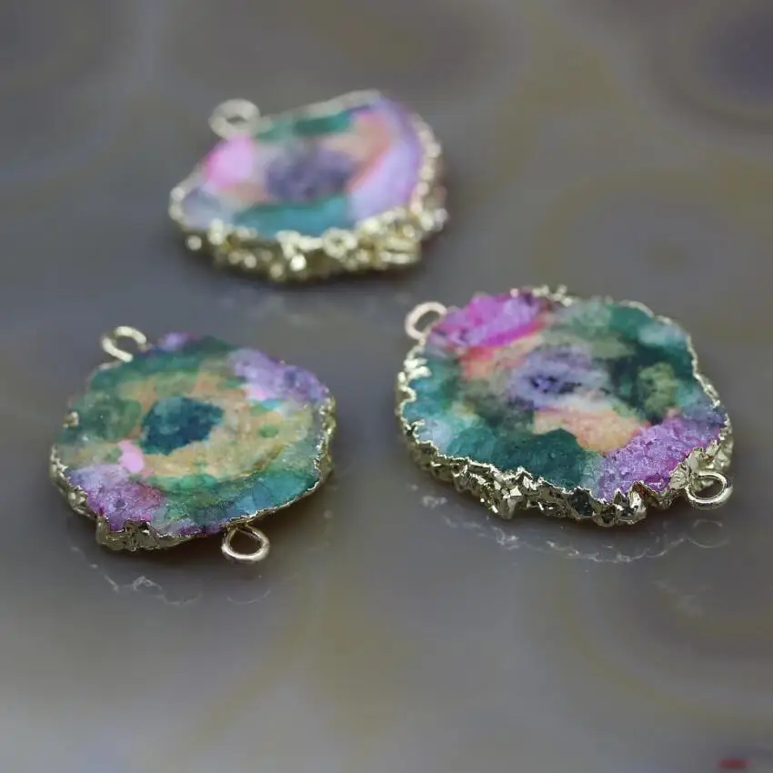 5Pcs/lot,Rainbow Color Solar Quartz Drusy Geode Slabs Gold Edges Connectors Charms,Raw Sun Flower Druzy Nugget Pendants Jewelry