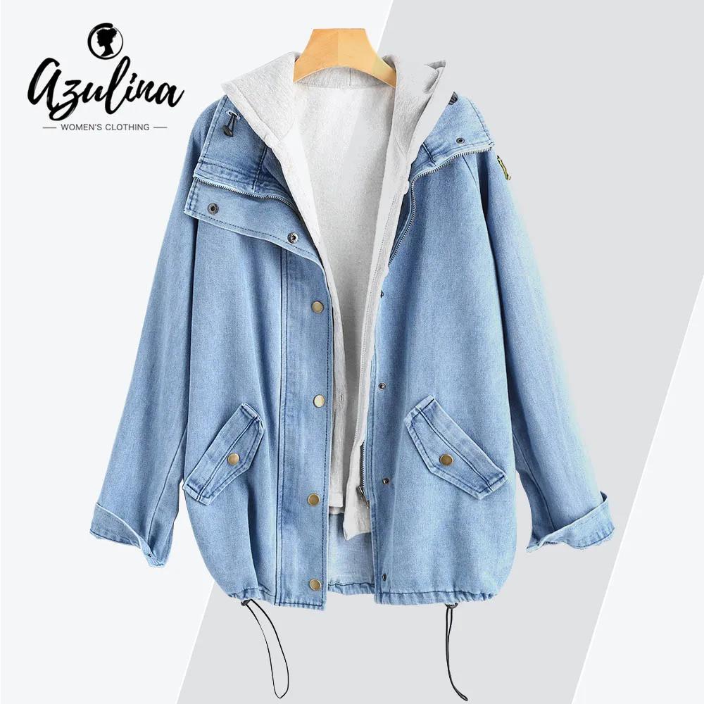 AZULINA Plus Size Buttons Hooded Denim Jacket Jeans Jackets Women Coat Spring Outwear Pockets Wide-Waisted Ladies Tops Overcoat AZULINA Plus Size Buttons Hooded Denim Jacket Jeans Jackets Women Coat Spring Outwear Pockets Wide-Waisted Ladies Tops Overcoat