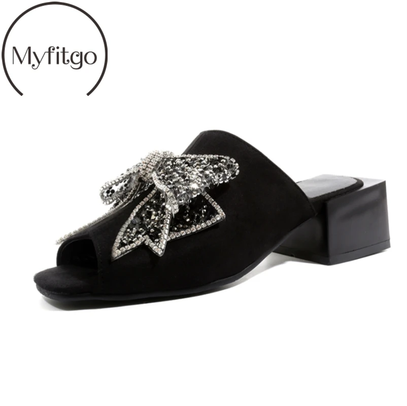 

Myfitgo Platform Mules Woman Flock Outside Slippers Block Chunky Heels Peep Toe Bling Crystal Bowknot Female Sandals Shoes Summe