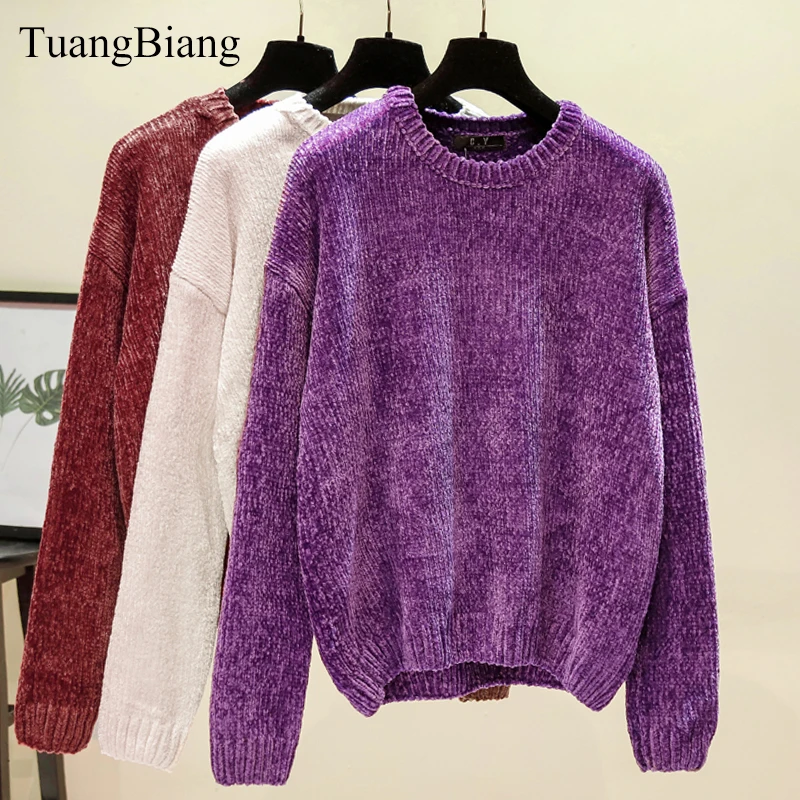 Meilleur Chic Vintage chenille cachemire femmes à manches longues or velours chandails hiver dames couleur unie o cou lâche femme pulls 2019
