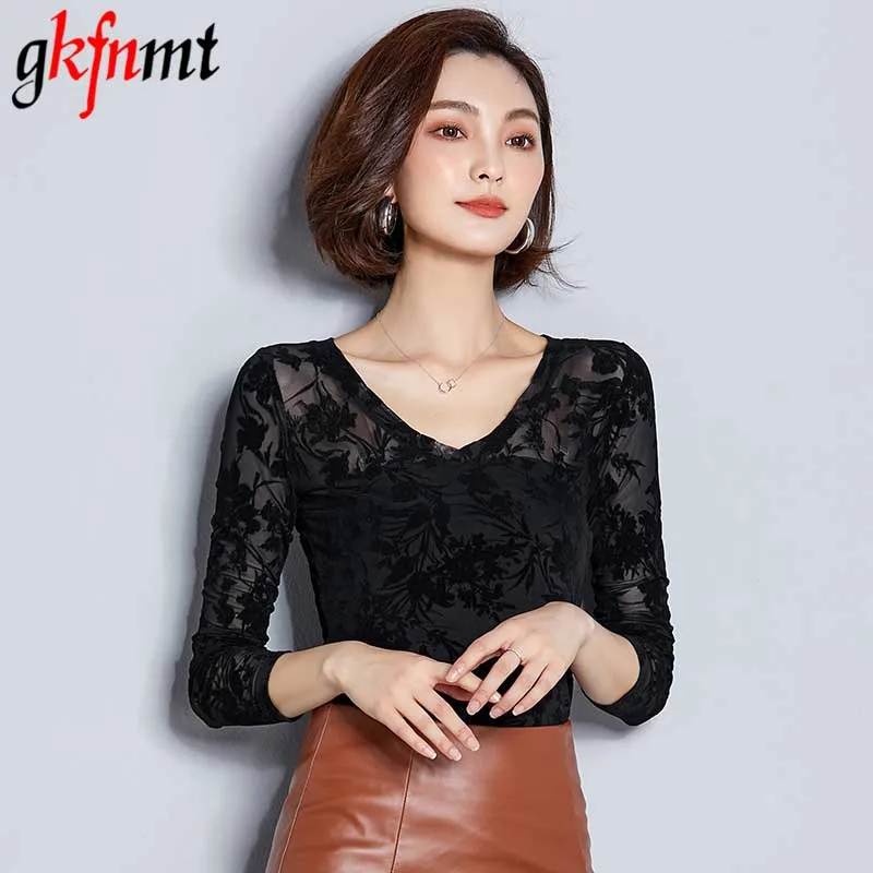 Gkfnmt Blusas Femininas, осенние женские топы, модные сексуальные облегающие рубашки, кружевные вязанные крючком Блузы с длинным рукавом и круглым вырезом для отдыха, плюс - Цвет: Black