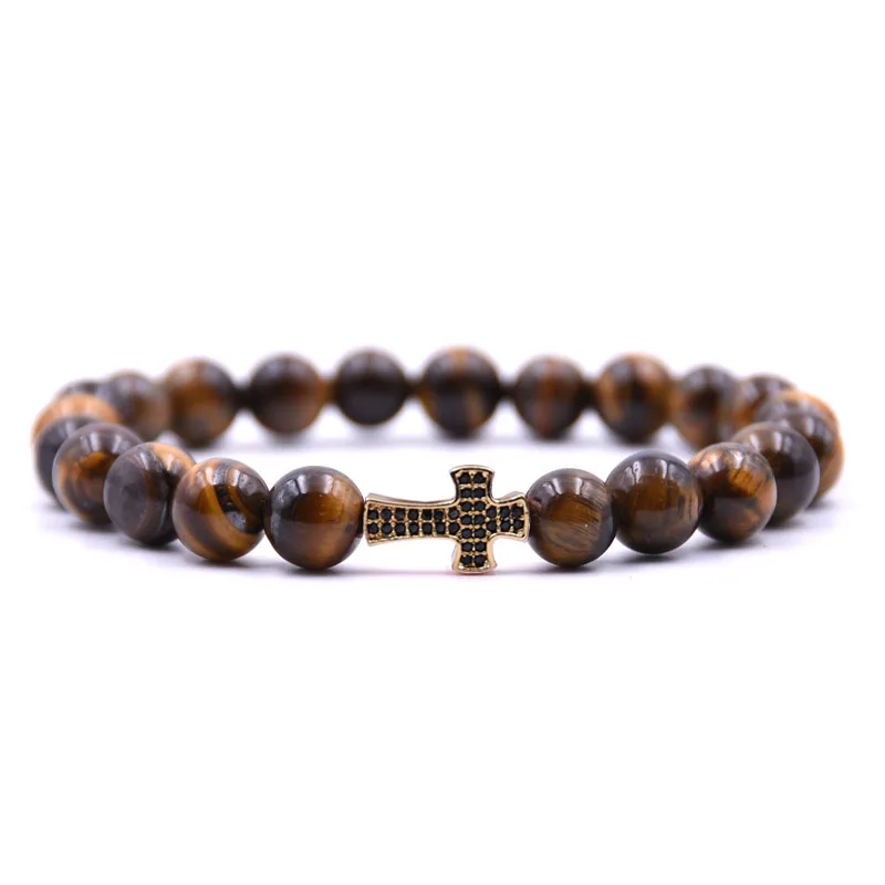

HONEYYIYI 8mm Natural Stone Tiger eyes Beads Bracelet Gold color Micro Pave CZ Cross Charm Bracelet For Women Yoga Men Jewelry