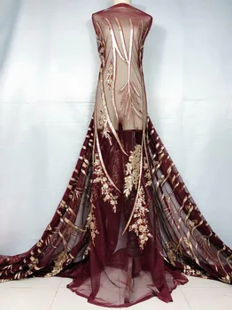 

Wine Gold Sequined Embroidered Mesh Tulle Lace Fabric 2019 New Design Evening Dress Net Fabrics French African Net Sequins Lace