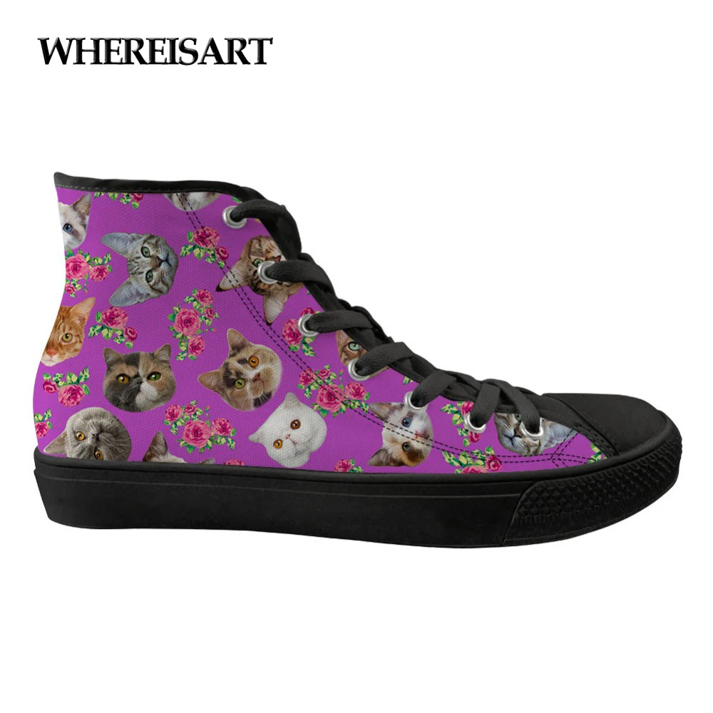 

WHEREISART Casual Sneakers Flats Cute Animal Cat Floral Print Fashion High Top Canvas Vulcanized Shoes for Teenage Girls Flats
