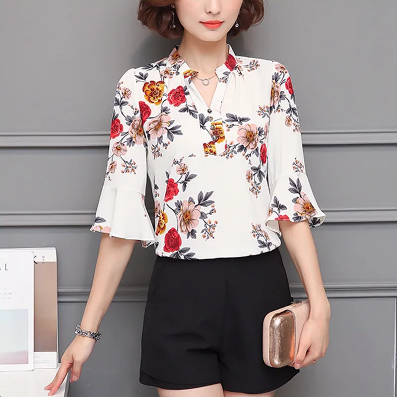 

2018 Autumn Floral Chiffon Blouse Women Tops Flare Sleeve Shirt Women Ladies Office Blouse Korean Fashion Blusas Chemise Femme