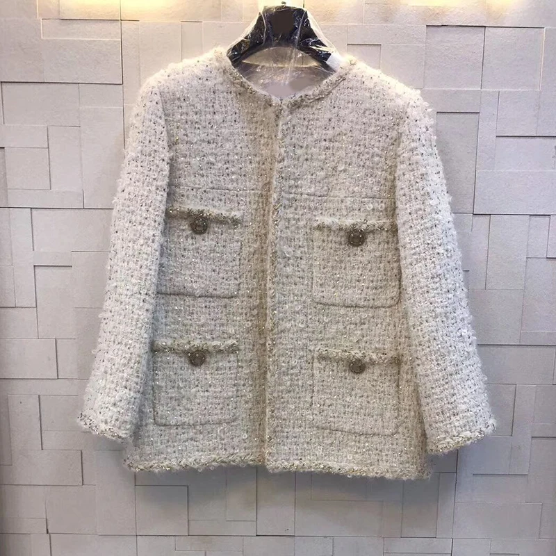 

Autumn and winter jacket women's high quality wool retro simple elegant long sleeve round neck pocket 2019 new short coat coat