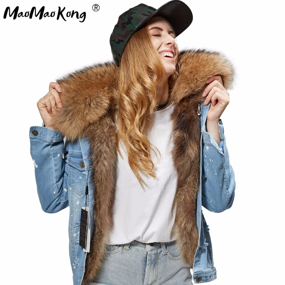 blue denim fox fur short jacket coat 