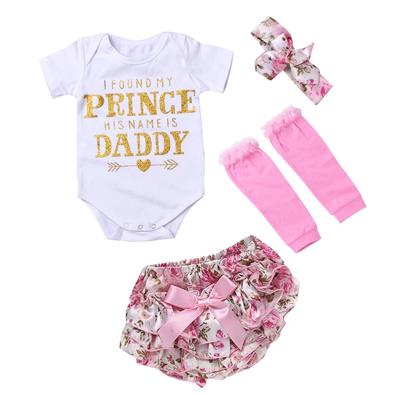 

5PCS Cotton Casual Clothing Set for Baby Girls Letters Print Newborn Fashion Tees Diaper Pants Infant Summer Top Floral Shorts