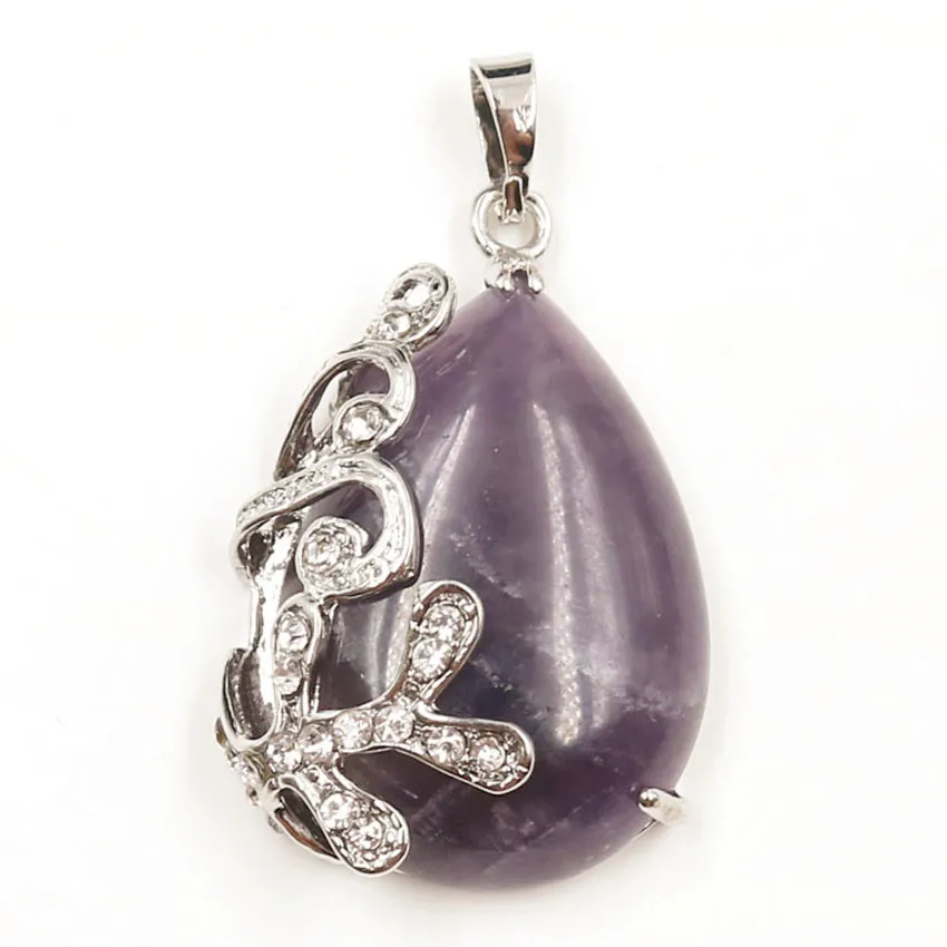 

FYJS Unique Jewelry Silver Plated Rhinestone Flower Wrap Natural Purple Amethysts Stone Water Drop Pendant