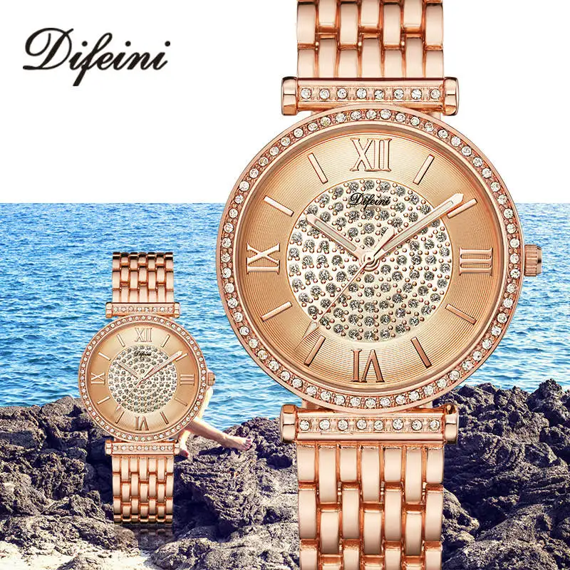 

DIFEINI Women Watches Luxury Relogio Feminino Reloj Mujer 2018 Rose Gold Rhinestone Water Resistant Party Quartz Ladies Watches