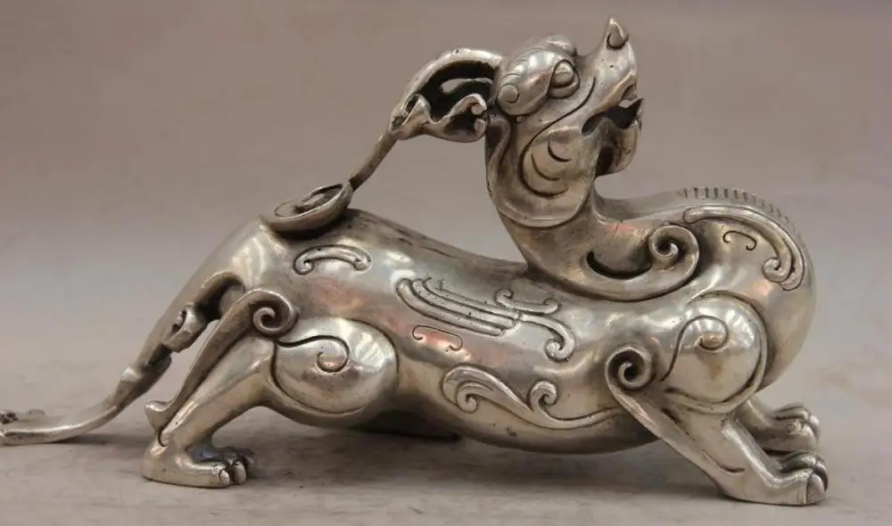 

China White Copper Silver Feng Shui mythical wild animal Brave troops Statue