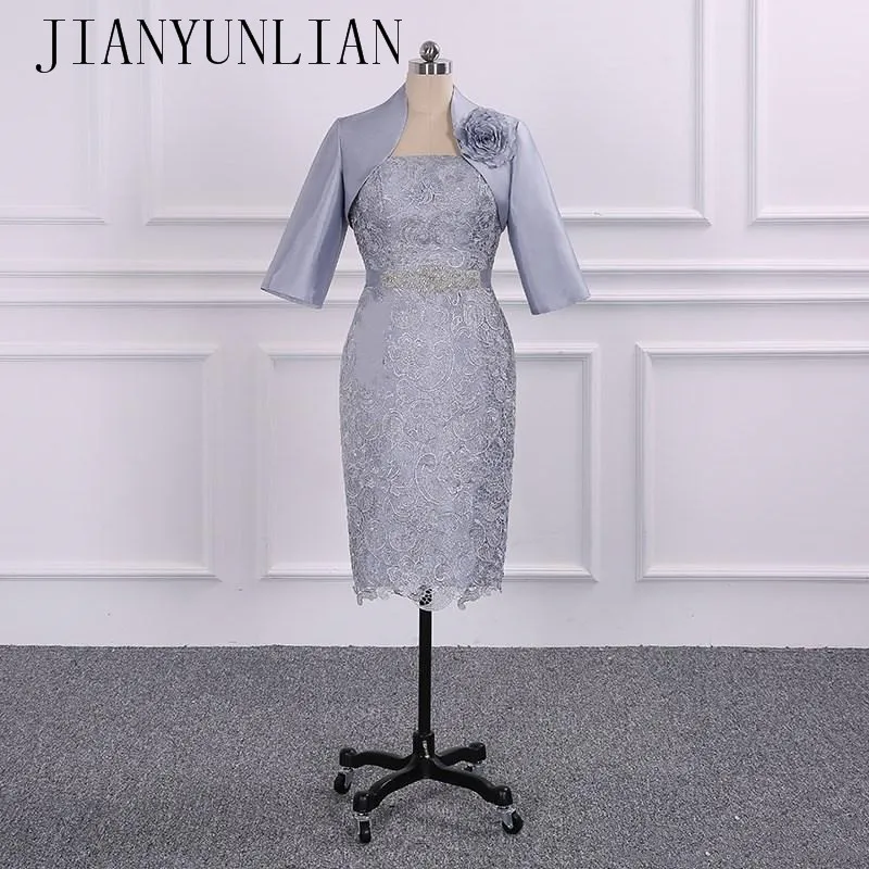 

2020 Knee Length Mother Dress 3/4 Sleeve Lace Beads Jacket Evening Gown Vestido Madre Novia Prom