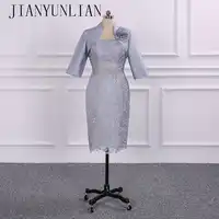 2020 Knee Length Mother Dress 3/4 Sleeve Lace Beads Jacket Evening Gown Vestido Madre Novia Prom