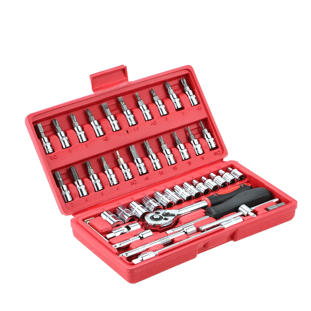 

46pcs Drive Socket Spanner Wrench Set 1/4" Metric Extension Bar Repair Tools Kit Screwdriver Hex Key Ratchet Wrenches Hand Tool