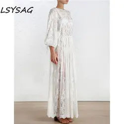 LSYSAG Для женщин платье миди с открытой спиной Крест с ремешком сзади вышивка белый кружевное платье с цветочным рисунком Костюмы за Осень