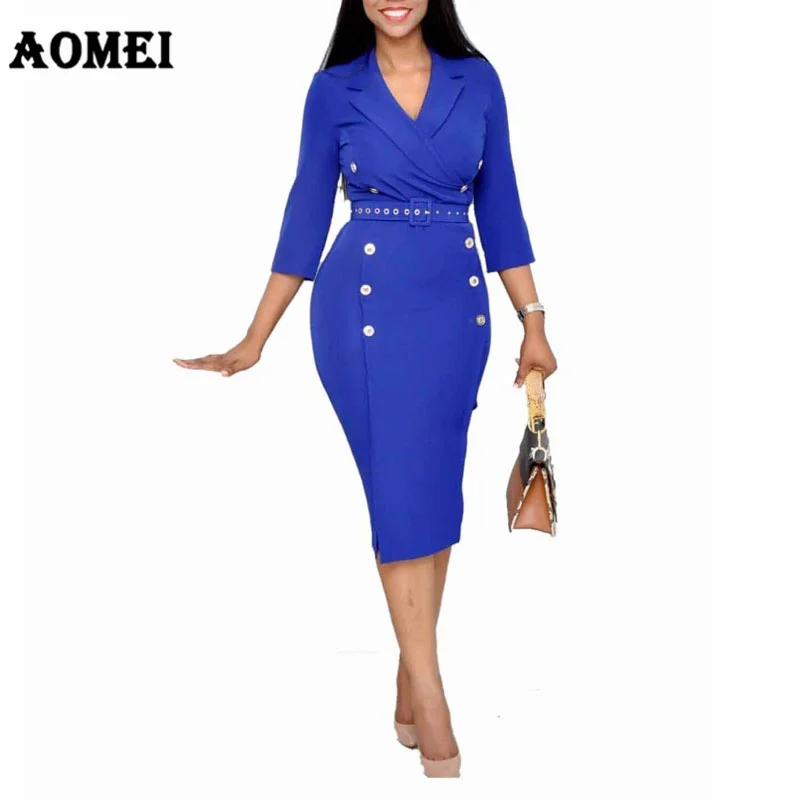

Women Dress Elegant Ladies Office Wear Waist Belt Double Buttons Bodycon Slim Classy Modest Tunic Femme Package Hip Robe Spring