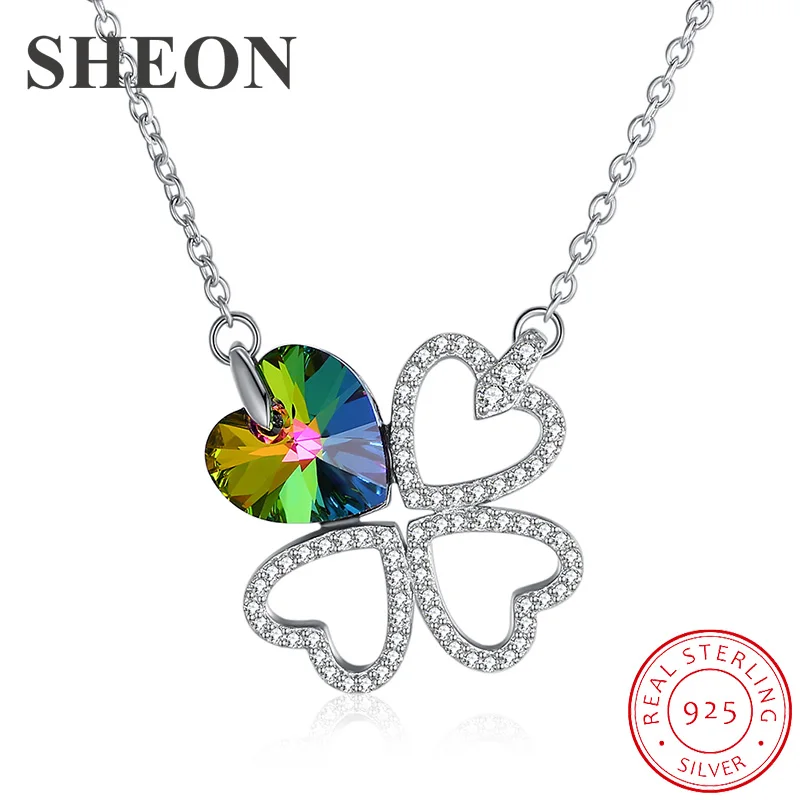 

SHEON Authentic 925 Sterling Silver Sparkling Heart Crystal Four Leaf Clover Pendant Necklaces for Women Sterling Silver Jewelry