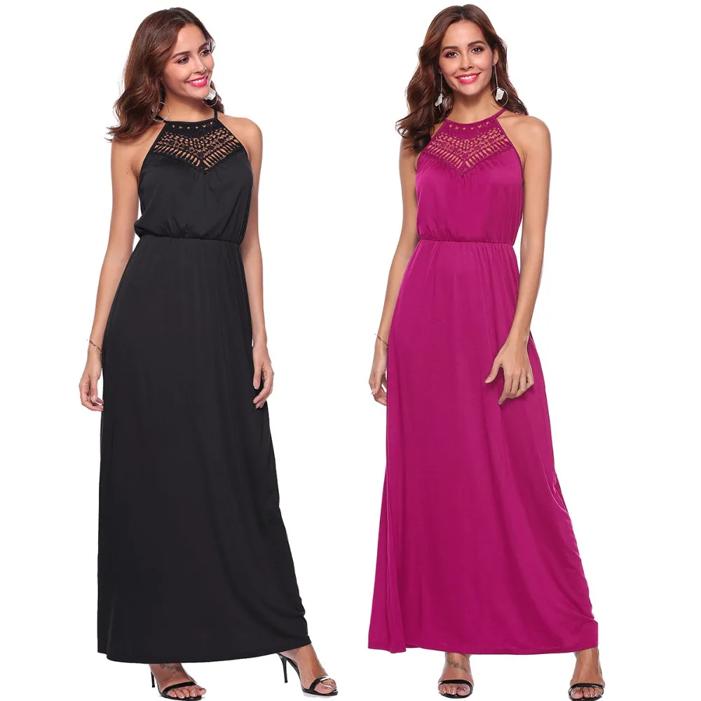 

Sleeveless 2019 Summer New Sexy Hallow Out Dress Off Shoulder Sexy Dress Women Lace Patchwork Maxi Dress Lace Up Women Vestidos