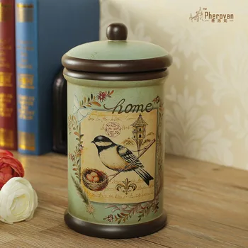 

American garden painting ceramic storage pot, European style retro storage jar, candy pot, tea can, snack pot