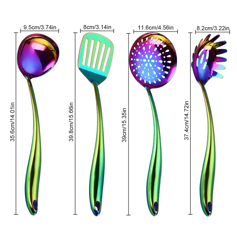 Красочные шпатель Тернер ложка для спагетти щелевые суповая ложка шумовка, ложка комплект Нержавеющая сталь Радуга PVD покрытием посуда