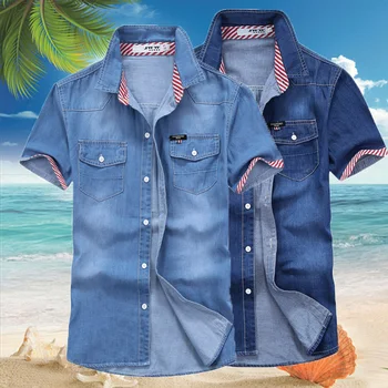 

HOO 2020 men's wear short-sleeved summer thin section youth cultivate one's morality leisure cowboy shirt blue shirt