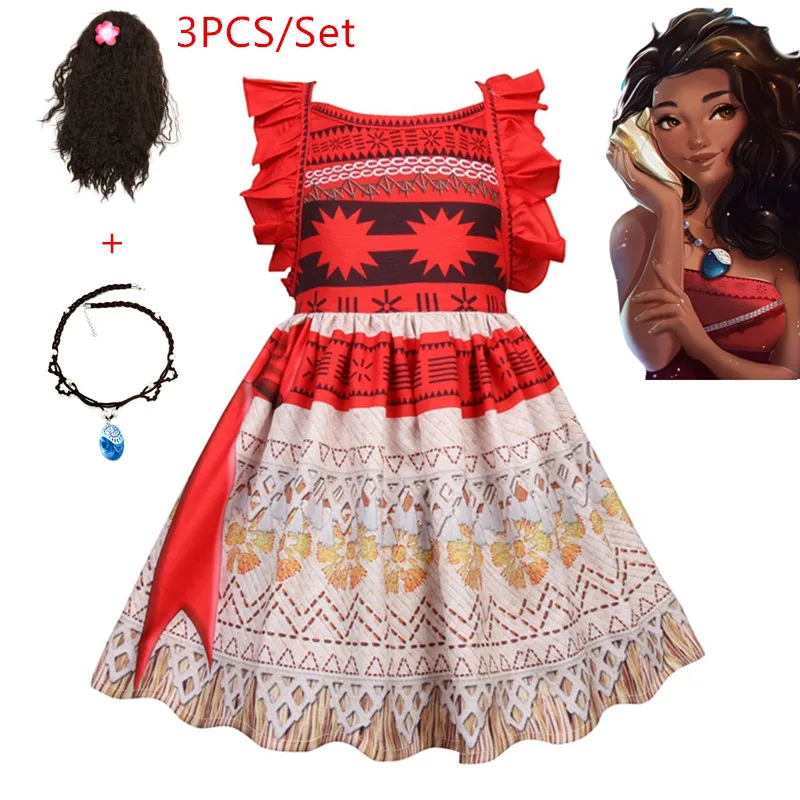 

New Vaiana Necklace Dress Moana clothing Princess Dresses Kids Party Cosplay Costumes With Wig Children Clothing girls clothes